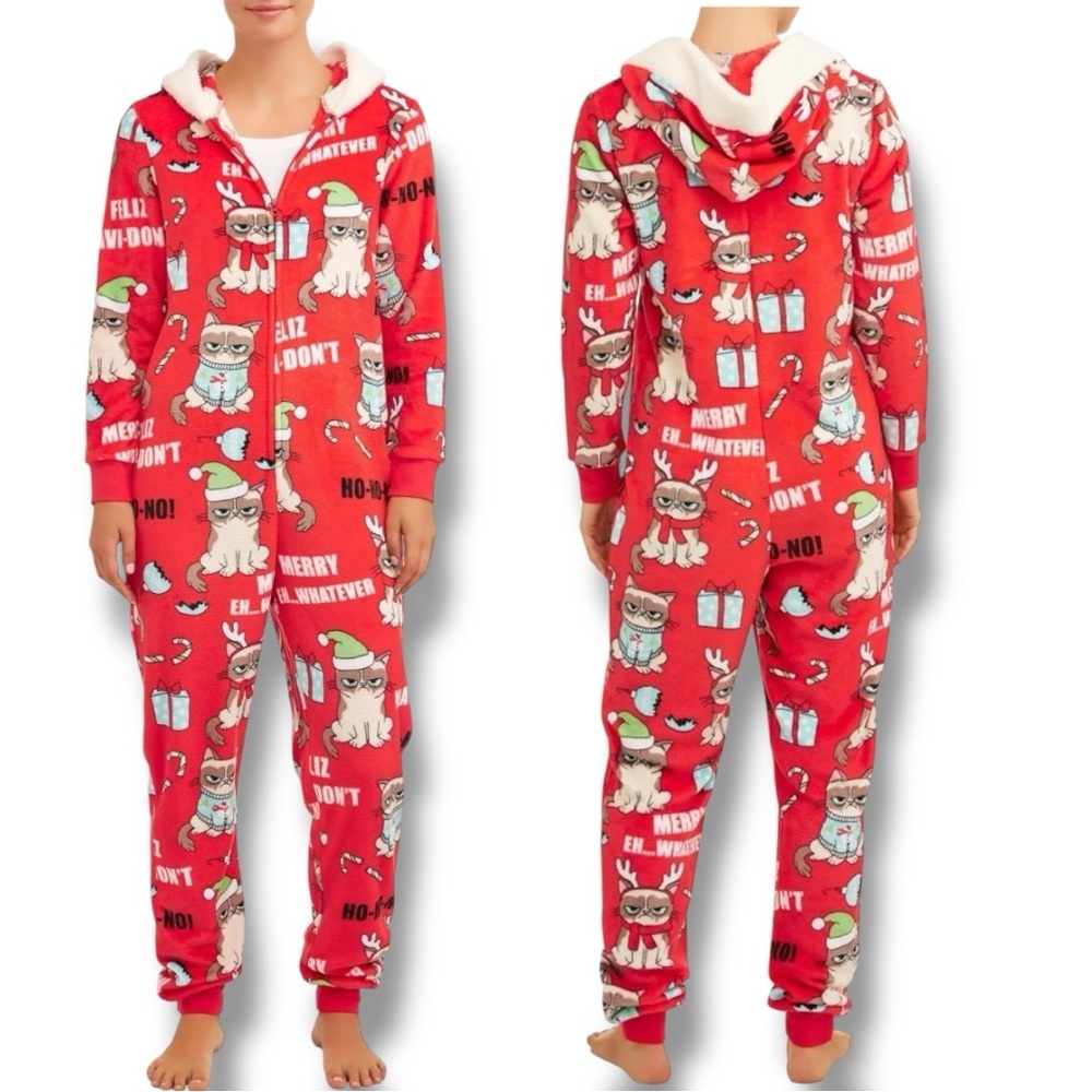 Grumpy Cat Women's Size L (12-14) Rockin’ Red Hooded Lounge Union Suit Pajama